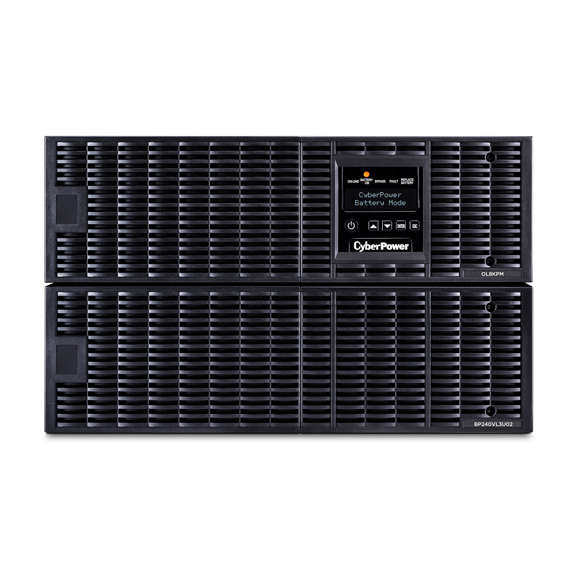 CYBERPOWER - OL8KRT - 8KVA/8KW, online double-conversion UPS, Sine wave output, 6U rack/tower convertible, 200-240V input and output, hardwire input terminal block, (3) NEMA L6-30R outlets, LCD control panel, RMCARD205 pre-installed, EPO, RS-32/USB, 