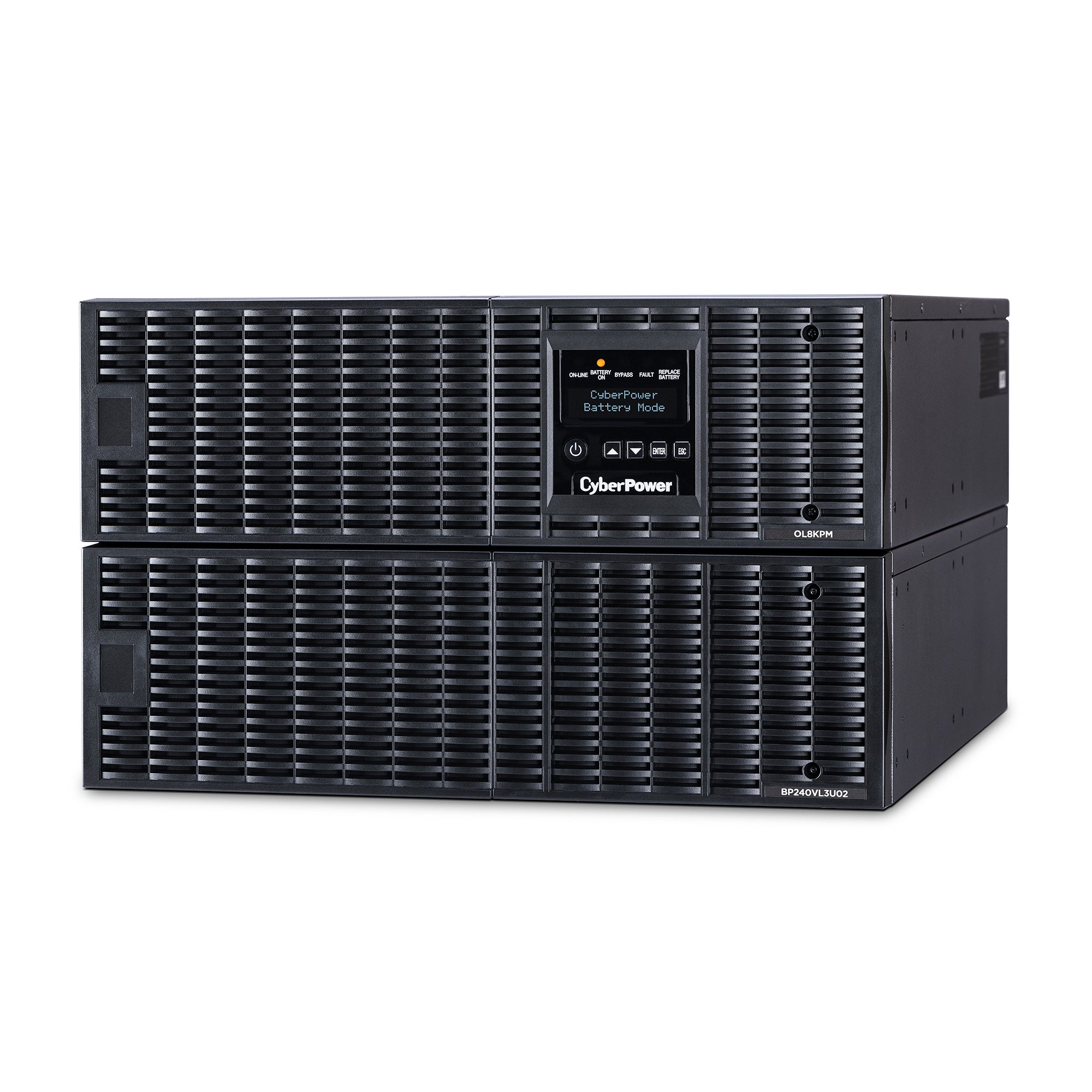CYBERPOWER - OL8KRT - 8KVA/8KW, online double-conversion UPS, Sine wave output, 6U rack/tower convertible, 200-240V input and output, hardwire input terminal block, (3) NEMA L6-30R outlets, LCD control panel, RMCARD205 pre-installed, EPO, RS-32/USB, 