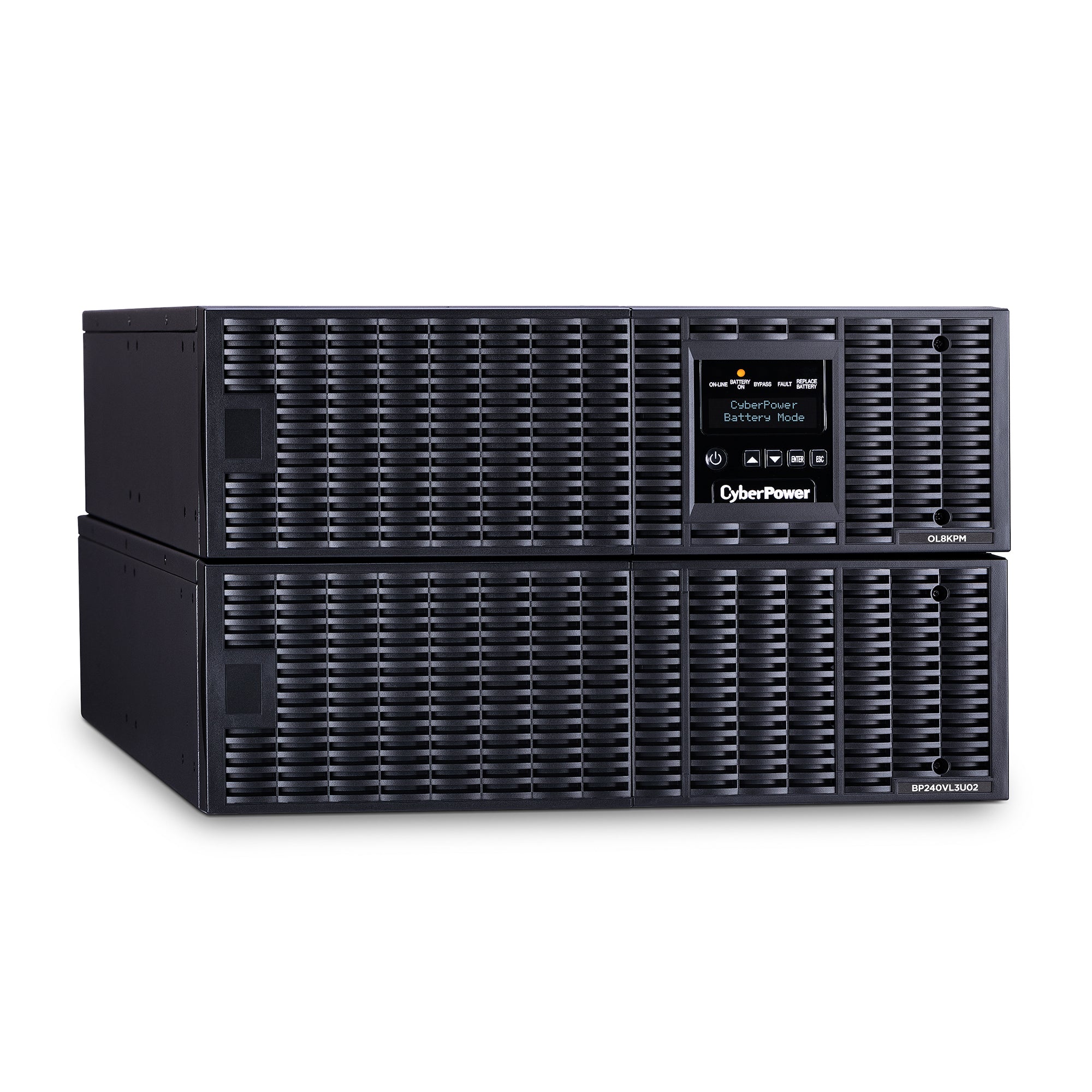 CYBERPOWER - OL8KRT - 8KVA/8KW, online double-conversion UPS, Sine wave output, 6U rack/tower convertible, 200-240V input and output, hardwire input terminal block, (3) NEMA L6-30R outlets, LCD control panel, RMCARD205 pre-installed, EPO, RS-32/USB, 