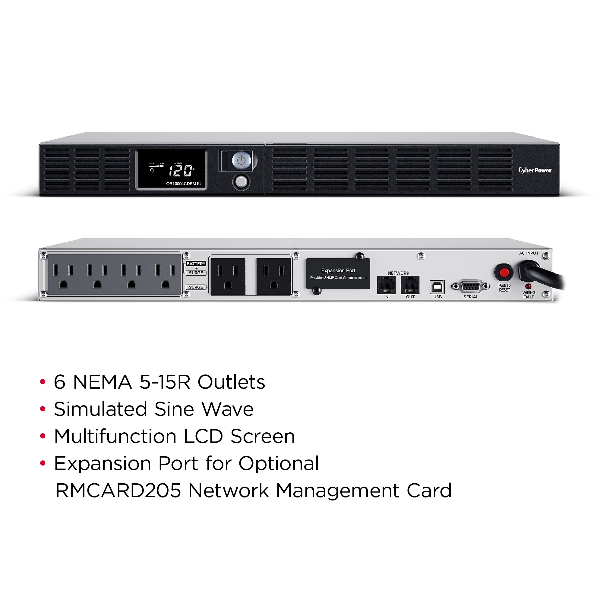 CYBERPOWER - OR1000LCDRM1U - 1000VA/600W 1U Rackmount UPS, 6 NEMA 5-15R Outlets, NEMA 5-15P Plug, 10 Ft. Cord, LCD, AVR, USB, Relay, SNMP, PowerPanel Business Software, 3 Year Warranty