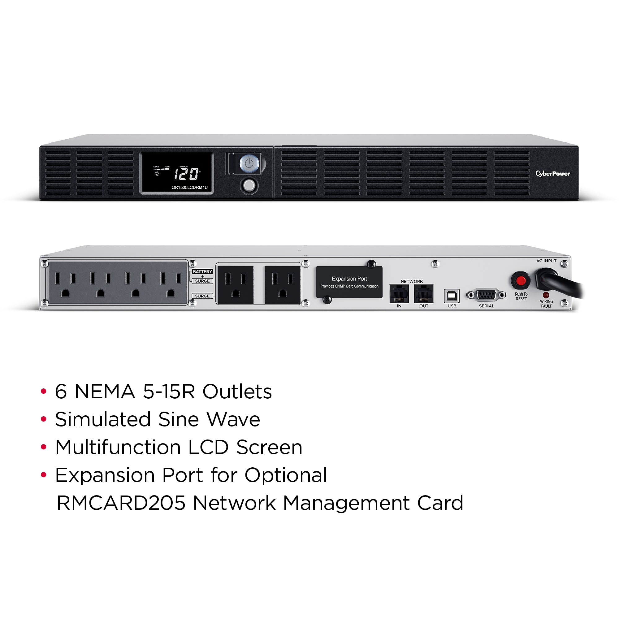 CYBERPOWER - OR1500LCDRM1U - 1500VA/900W 1U Rackmount UPS, 6 NEMA 5-15R Outlets, NEMA 5-15P Plug, 10 Ft. Cord, LCD, AVR, USB, Relay, SNMP, PowerPanel Business Software, 3 Year Warranty