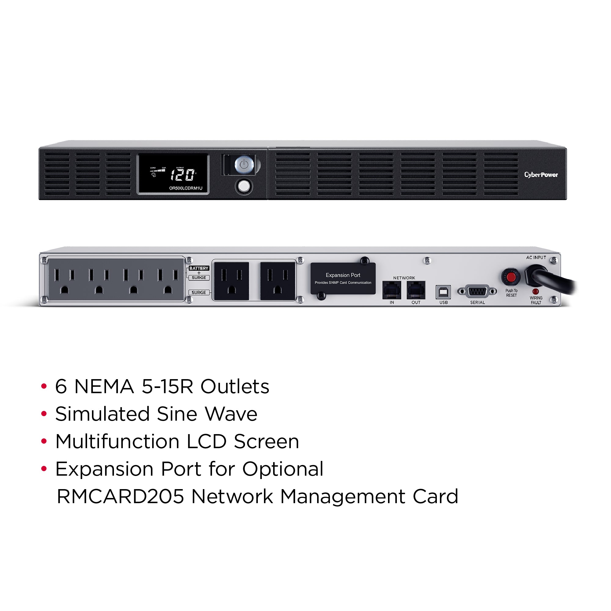 CYBERPOWER - OR500LCDRM1U - 500VA/300W 1U Rackmount UPS, 6 NEMA 5-15R Outlets, NEMA 5-15P Plug, 10 Ft. Cord, LCD, AVR, USB, Relay, SNMP, PowerPanel Business Software, 3 Year Warranty