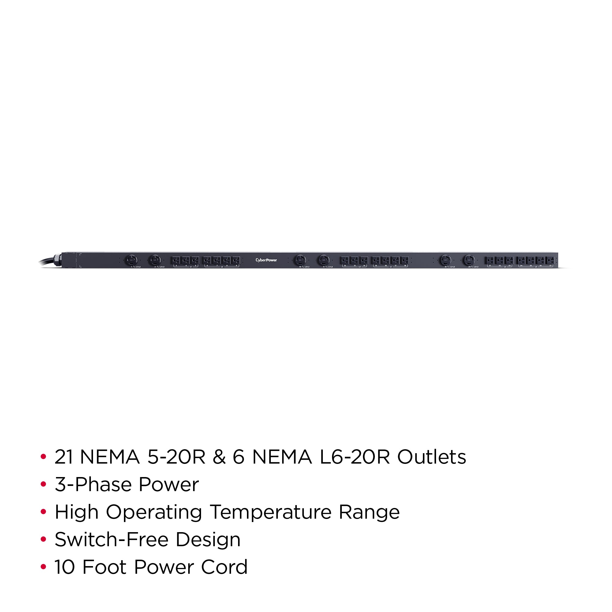 Cyber Power - PDU13102 - 3-Phase Basic PDU, 20A/208V, 0U, (21) NEMA 5-20R + (6) NEMA L6-20R, NEMA L21-20P