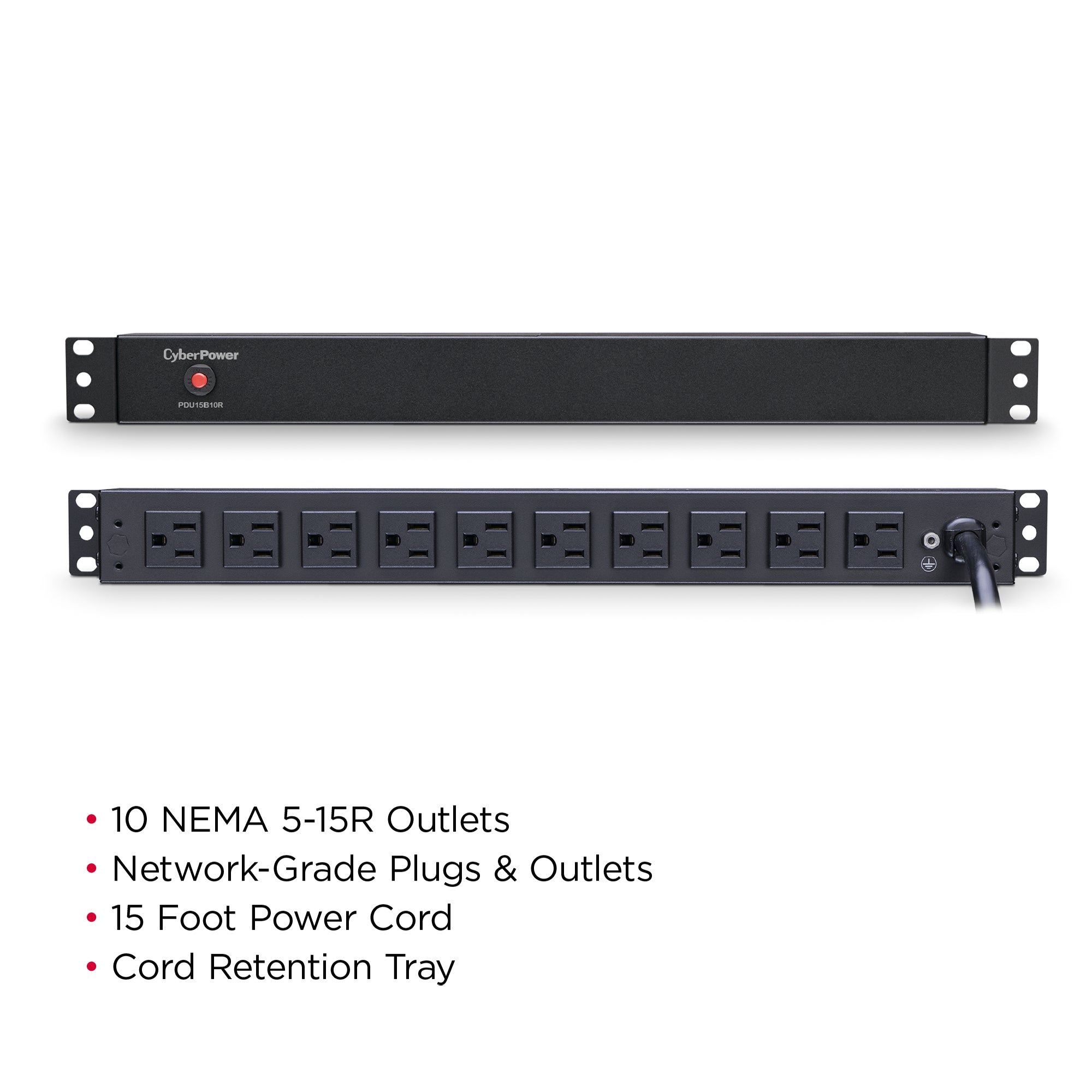 Cyber Power - PDU15B10R - 15A (Derated to 12A), 120 V, 50Hz/60Hz, NEMA 5-15P plug, 10 NEMA 5-15R, 1U Rackmount, 15 ft Cord, Limited lifetime warranty