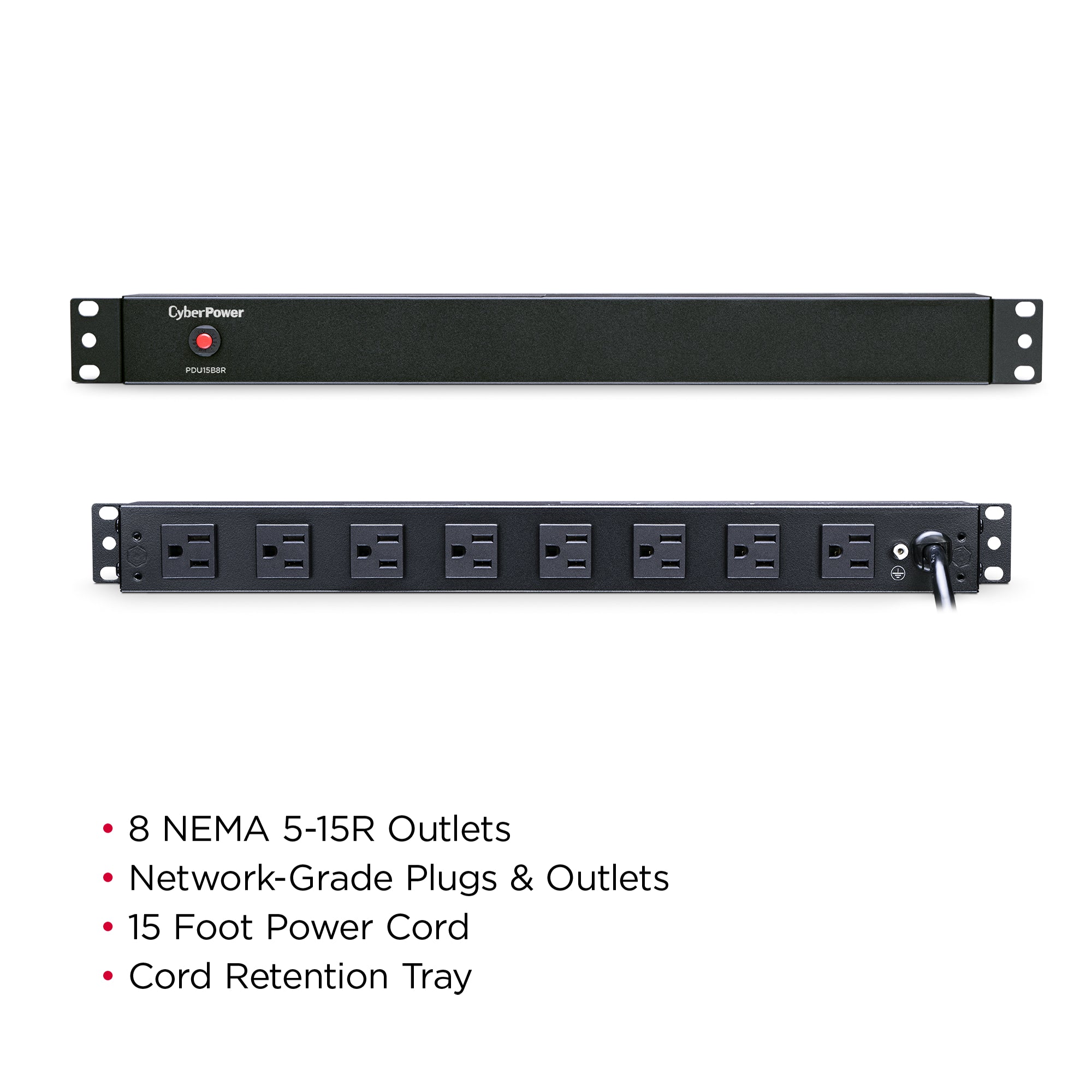 Cyber Power - PDU15B8R - 15A (Derated to 12A), 120 V, 50Hz/60Hz, NEMA 5-15P plug, 8 NEMA 5-15R, 1U Rackmount, 15 ft Cord, Limited lifetime warranty