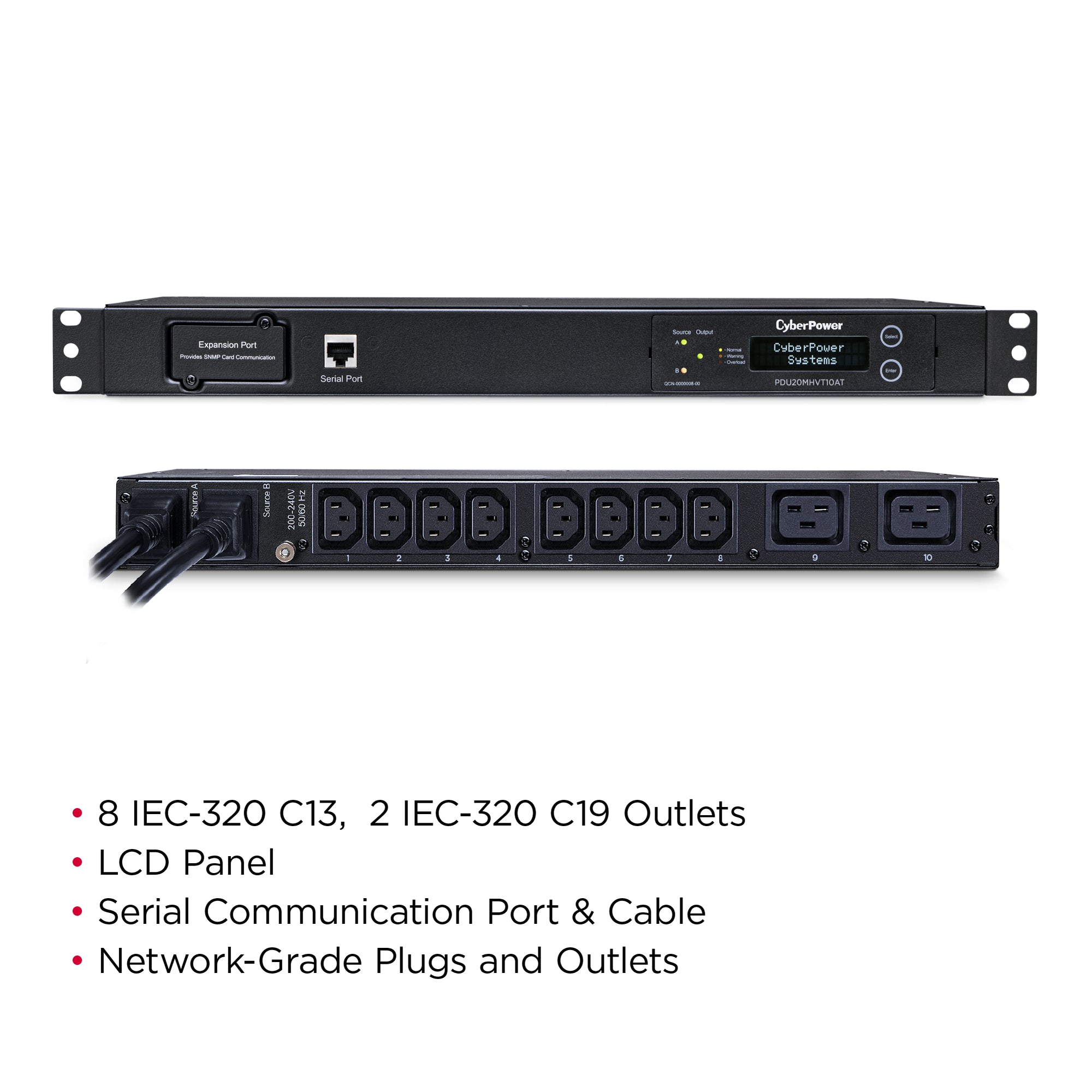 Cyber Power - PDU20MHVT10AT - 20A (Derated to 16A), 100 - 120 V, 2 x NEMA L6-20P plug, 10 rear, 10 IEC-320 (8) C13 / (2) C19 Outlets, 1U Rackmount, 10 ft cord