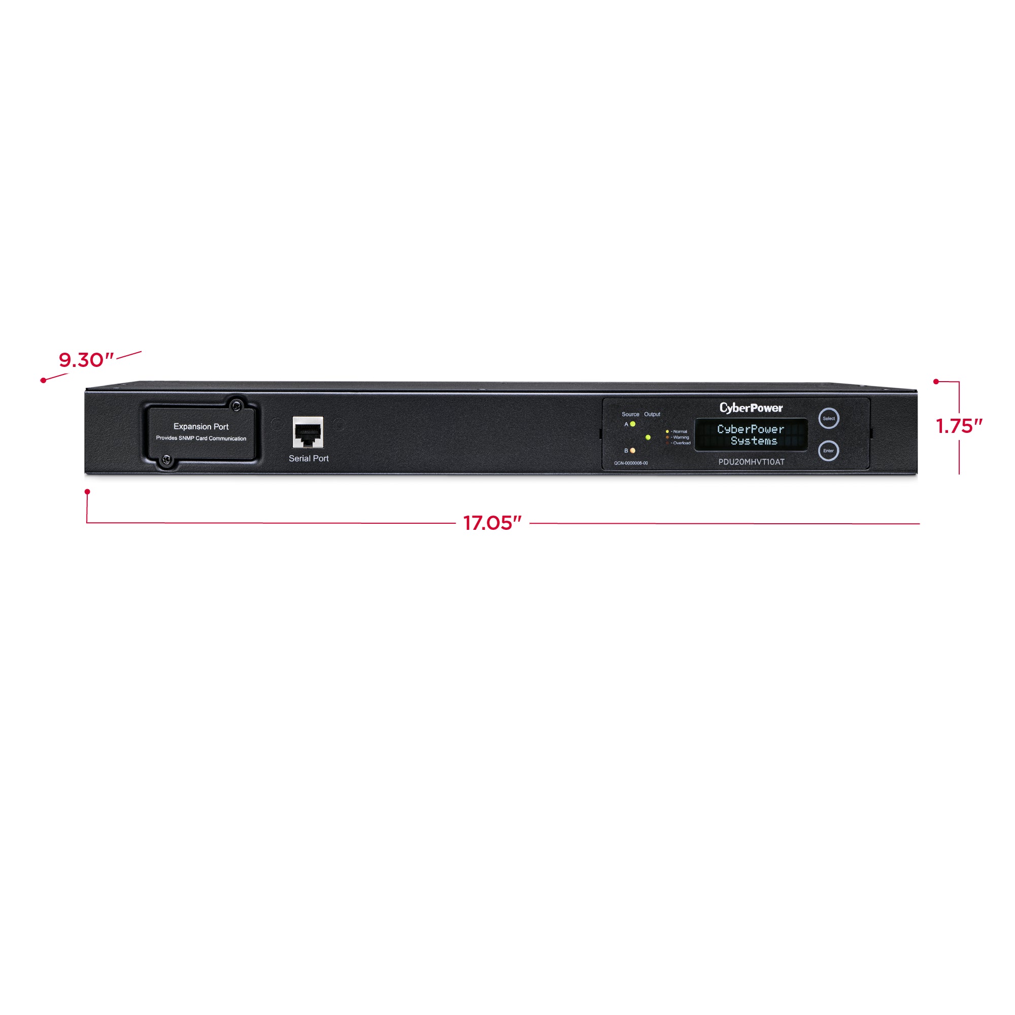 Cyber Power - PDU20MHVT10AT - 20A (Derated to 16A), 100 - 120 V, 2 x NEMA L6-20P plug, 10 rear, 10 IEC-320 (8) C13 / (2) C19 Outlets, 1U Rackmount, 10 ft cord
