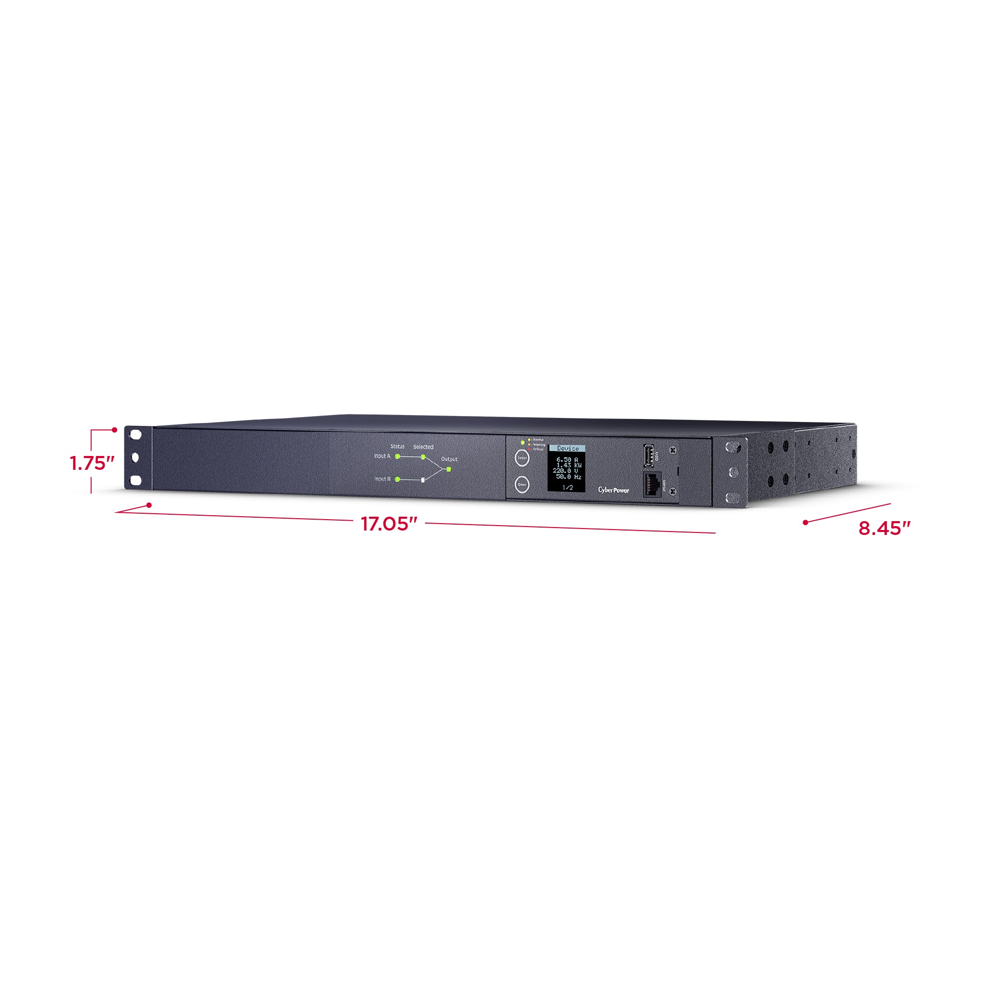 Cyber Power - PDU24006 - Metered ATS PDU, 20A (Derated to 16A), 200-240V, 2 x NEMA L6-20P Plug w/10 Ft Cords, 10 Outlets (8 x C13 + 2 x C19), 1U Rackmount, 3 Year Warranty