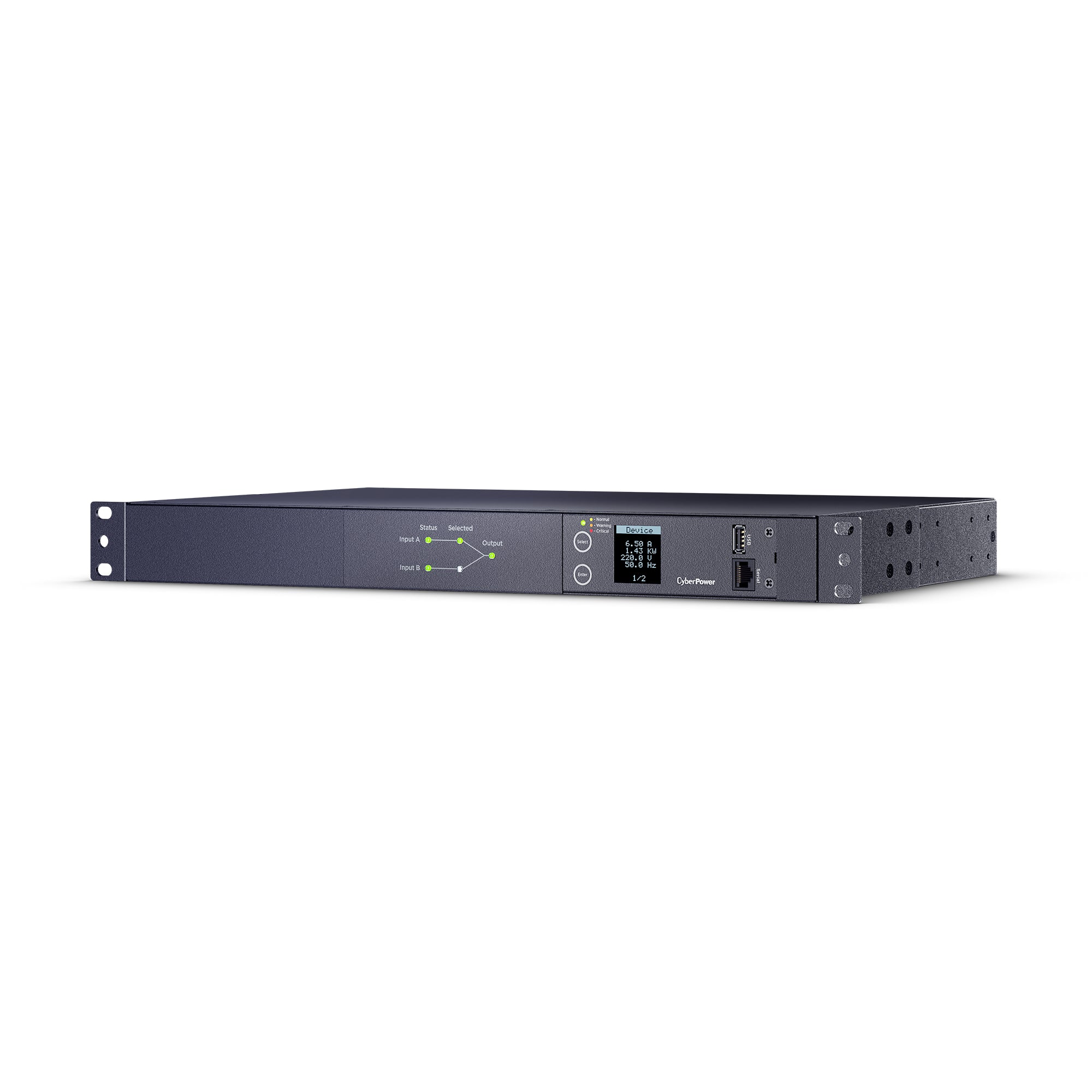 Cyber Power - PDU24006 - Metered ATS PDU, 20A (Derated to 16A), 200-240V, 2 x NEMA L6-20P Plug w/10 Ft Cords, 10 Outlets (8 x C13 + 2 x C19), 1U Rackmount, 3 Year Warranty