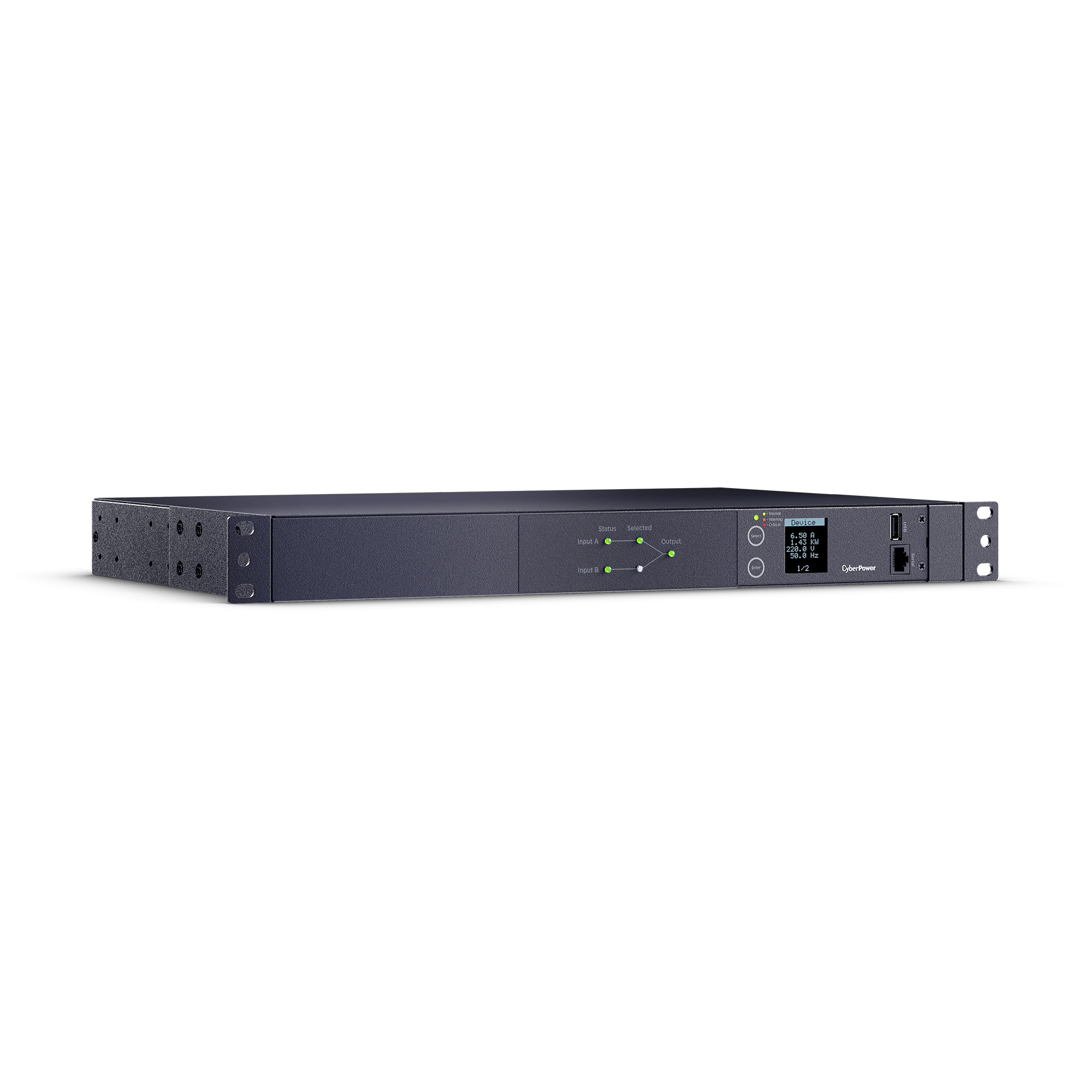 Cyber Power - PDU24006 - Metered ATS PDU, 20A (Derated to 16A), 200-240V, 2 x NEMA L6-20P Plug w/10 Ft Cords, 10 Outlets (8 x C13 + 2 x C19), 1U Rackmount, 3 Year Warranty