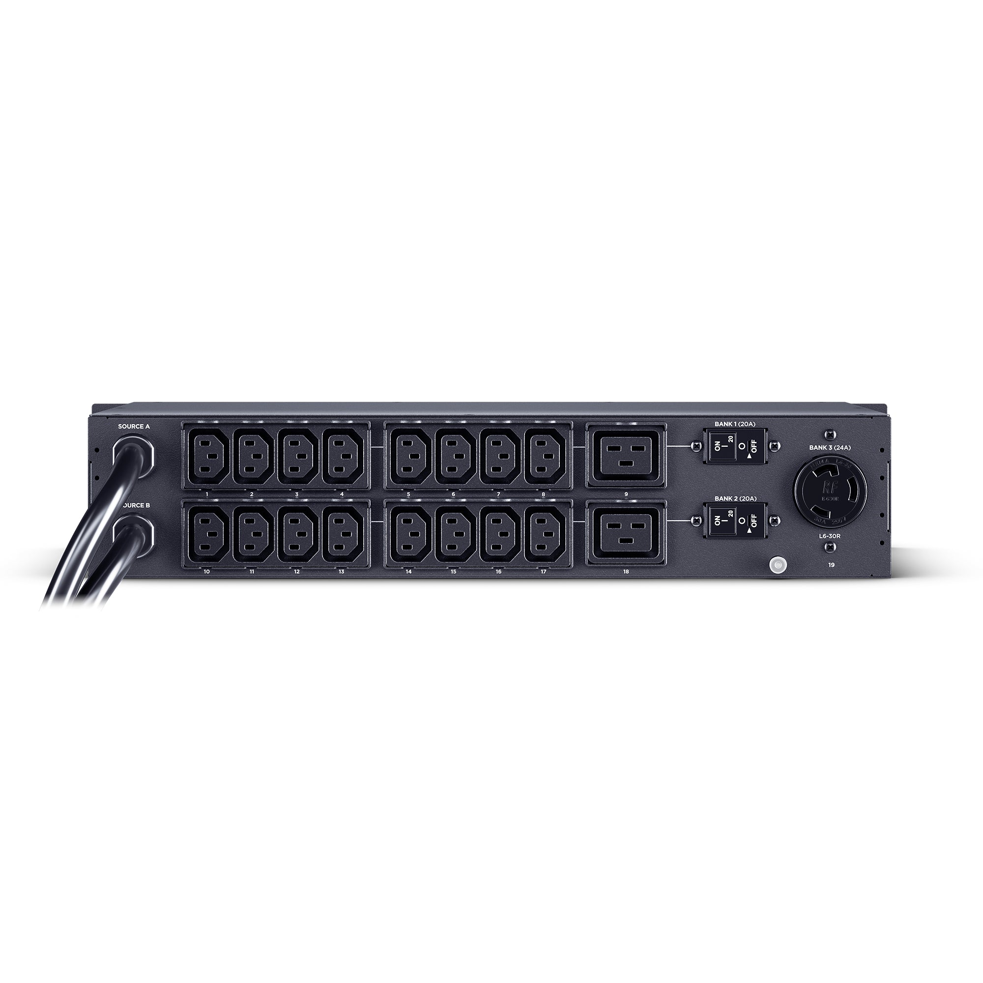 Cyber Power - PDU24007 - Metered ATS PDU, 30A (Derated to 24A), 200-240V, 2x L6-30P Plugs w/10 Ft Cords, 19 Outlets (16 x C13 + 2 x C19 + 1 x L6-30R), 2U Rackmount, 3 Year Warranty