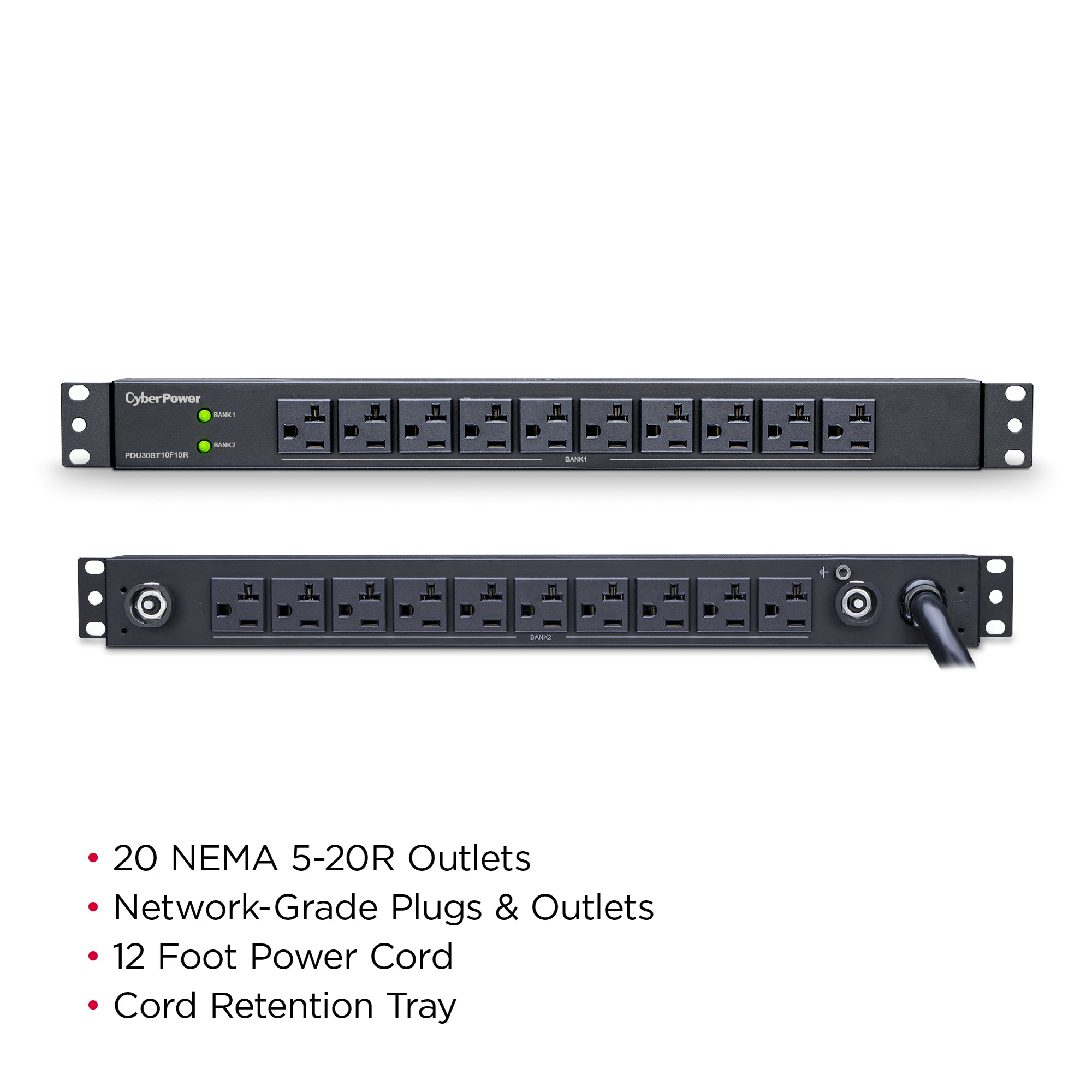 Cyber Power - PDU30BT10F10R - 30A (Derated to 24A), 120 V, 50Hz/60Hz, NEMA L5-30P plug, 20 NEMA 5-20R, 1U Rackmount, 12 ft cord