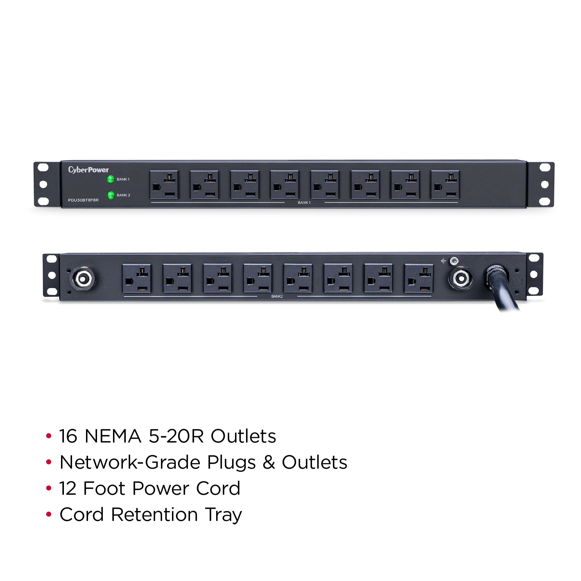 Cyber Power - PDU30BT8F8R - 30A (Derated to 24A), 120 V, 50Hz/60Hz, NEMA L5-30P plug, 16 NEMA 5-20R, 1U Rackmount, 12 ft cord