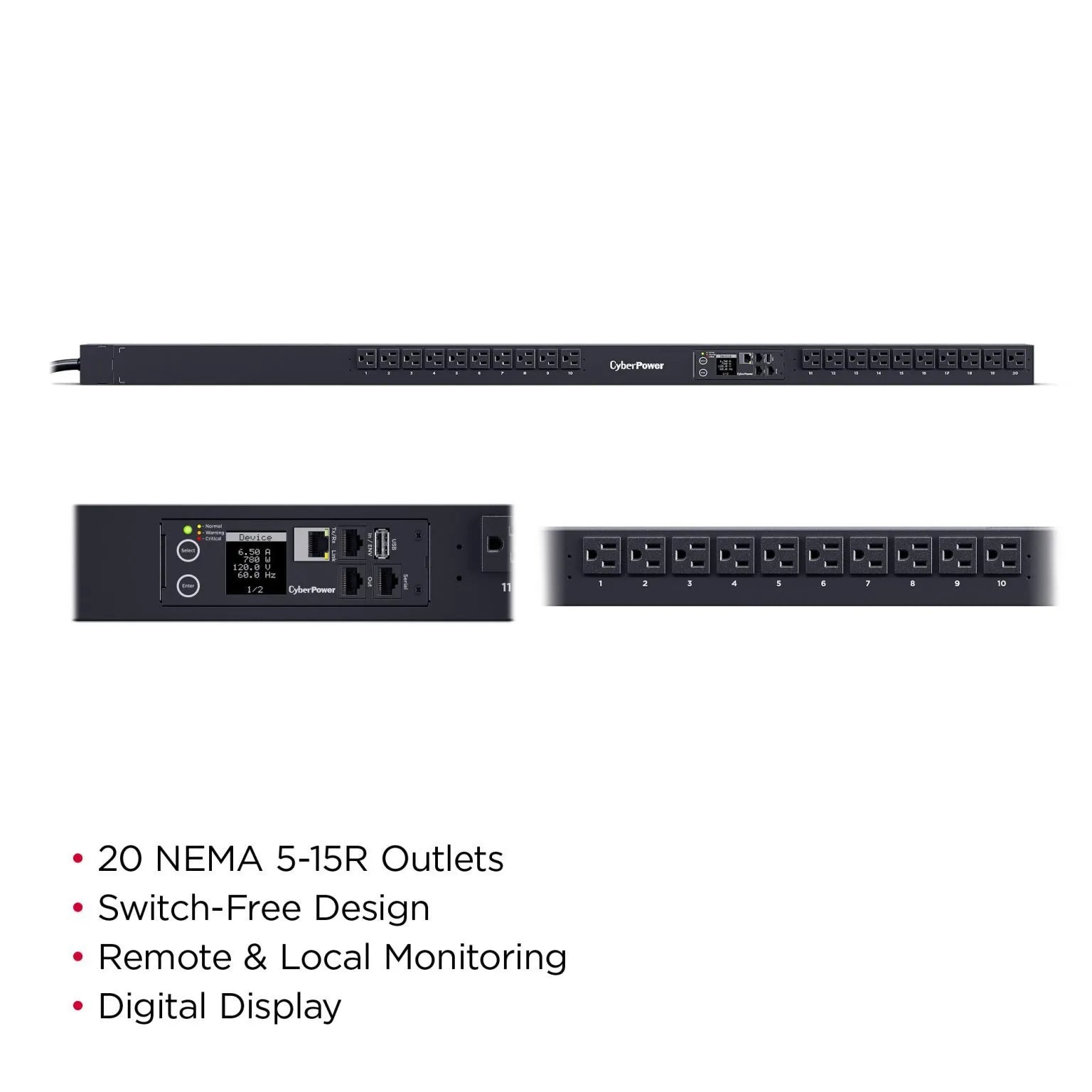 CYBERPOWER - PDU31116 - 15A (Derated to 12A), 100 - 120 V, 50Hz/60Hz, NEMA 5-15P plug, 20 NEMA 5-15R, 0U Rackmount, 10 ft cord, 3 year warranty