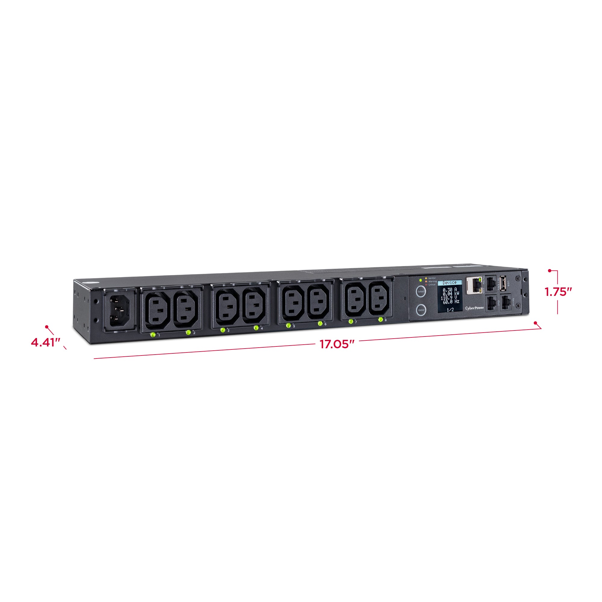 Cyber Power - PDU41004 - Switched Pdu, 15a (Derated To 12a), 100-240v, 50/60 Hz, 8 X Iec-320 C13 Outlets, Iec-320 C14 Plug, 10 Ft Cord, 1u Rackmount, Snmp, 3yr Warranty