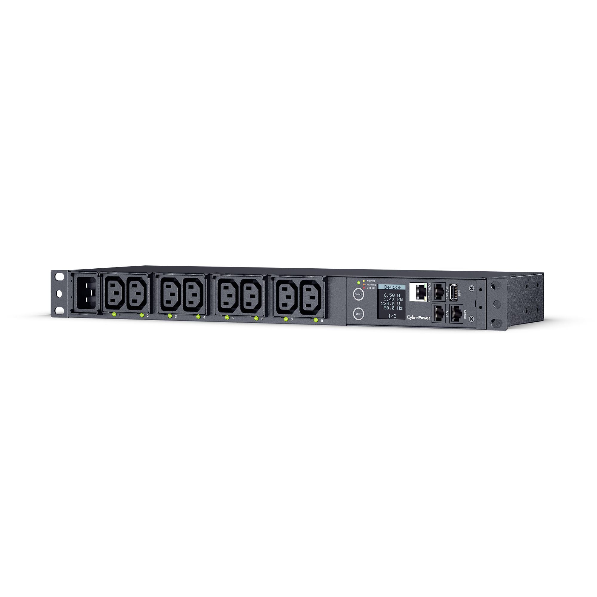 Cyber Power - PDU41005 - Switched PDU, 20A (Derated To 16A), 200-240V, 50/60 Hz, 8 x IEC-320 C13 Outlets, IEC-320 C20 Plug, 10 Ft Cord, 1U Rackmount, SNMP, 3Yr Warranty