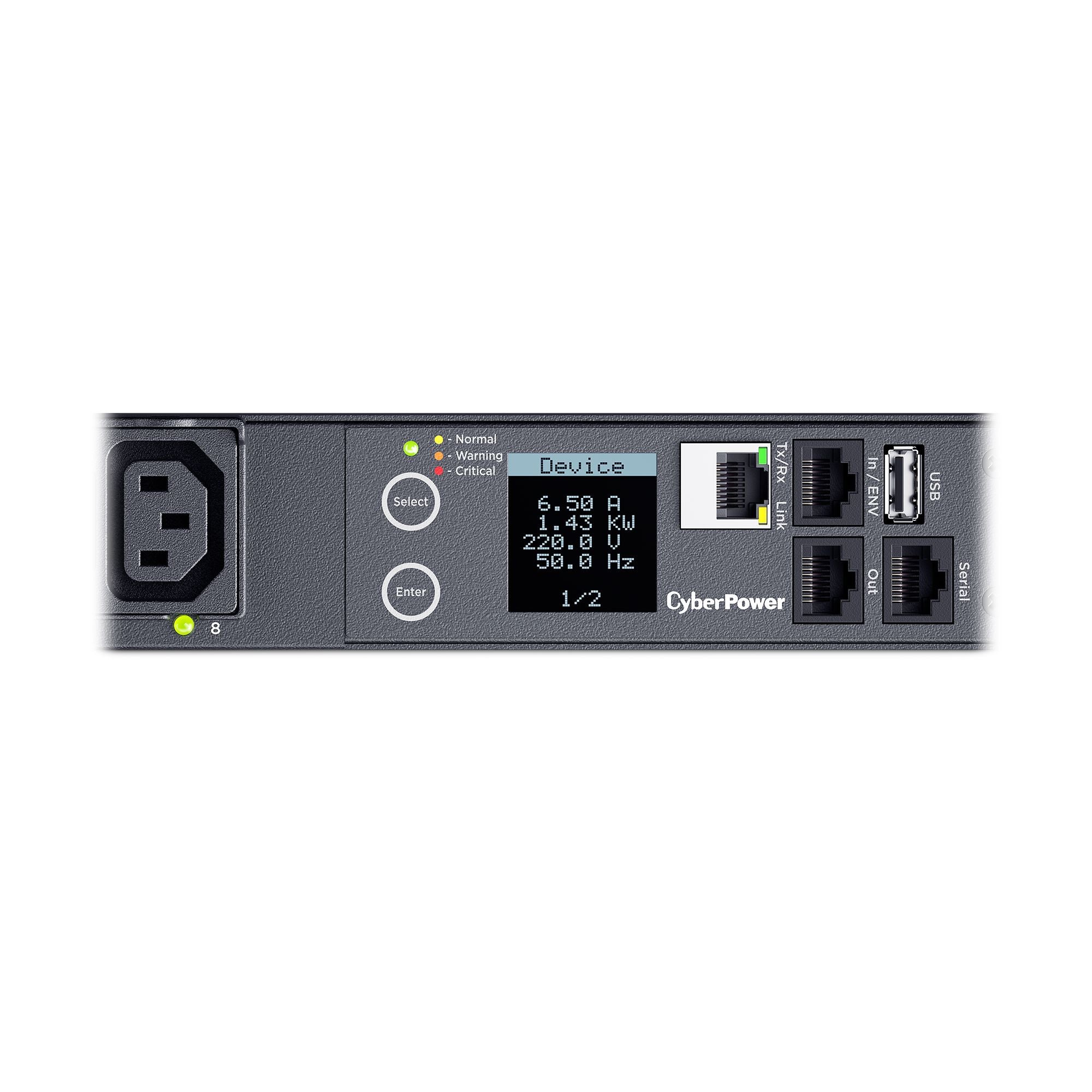 Cyber Power - PDU41005 - Switched PDU, 20A (Derated To 16A), 200-240V, 50/60 Hz, 8 x IEC-320 C13 Outlets, IEC-320 C20 Plug, 10 Ft Cord, 1U Rackmount, SNMP, 3Yr Warranty