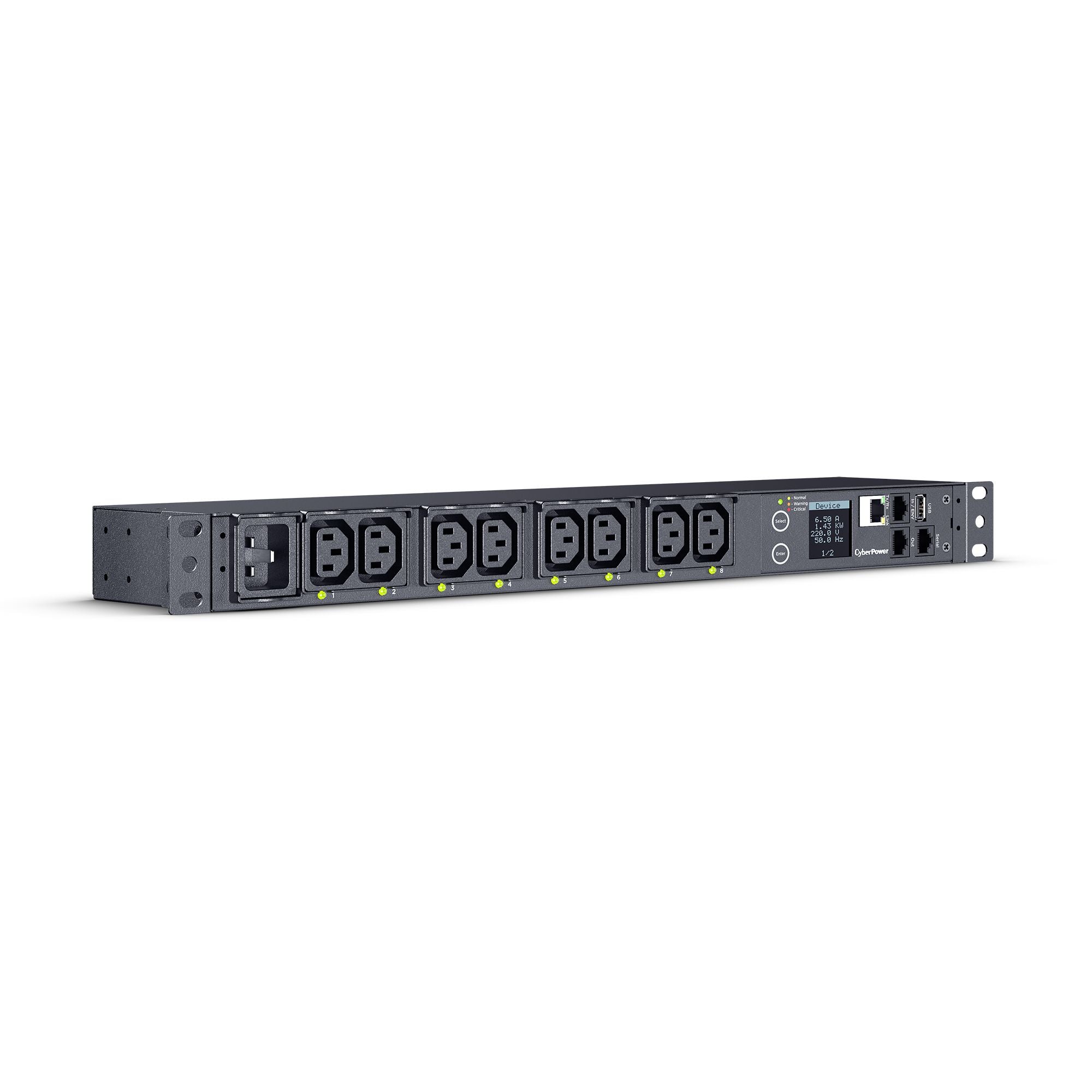 Cyber Power - PDU41005 - Switched PDU, 20A (Derated To 16A), 200-240V, 50/60 Hz, 8 x IEC-320 C13 Outlets, IEC-320 C20 Plug, 10 Ft Cord, 1U Rackmount, SNMP, 3Yr Warranty