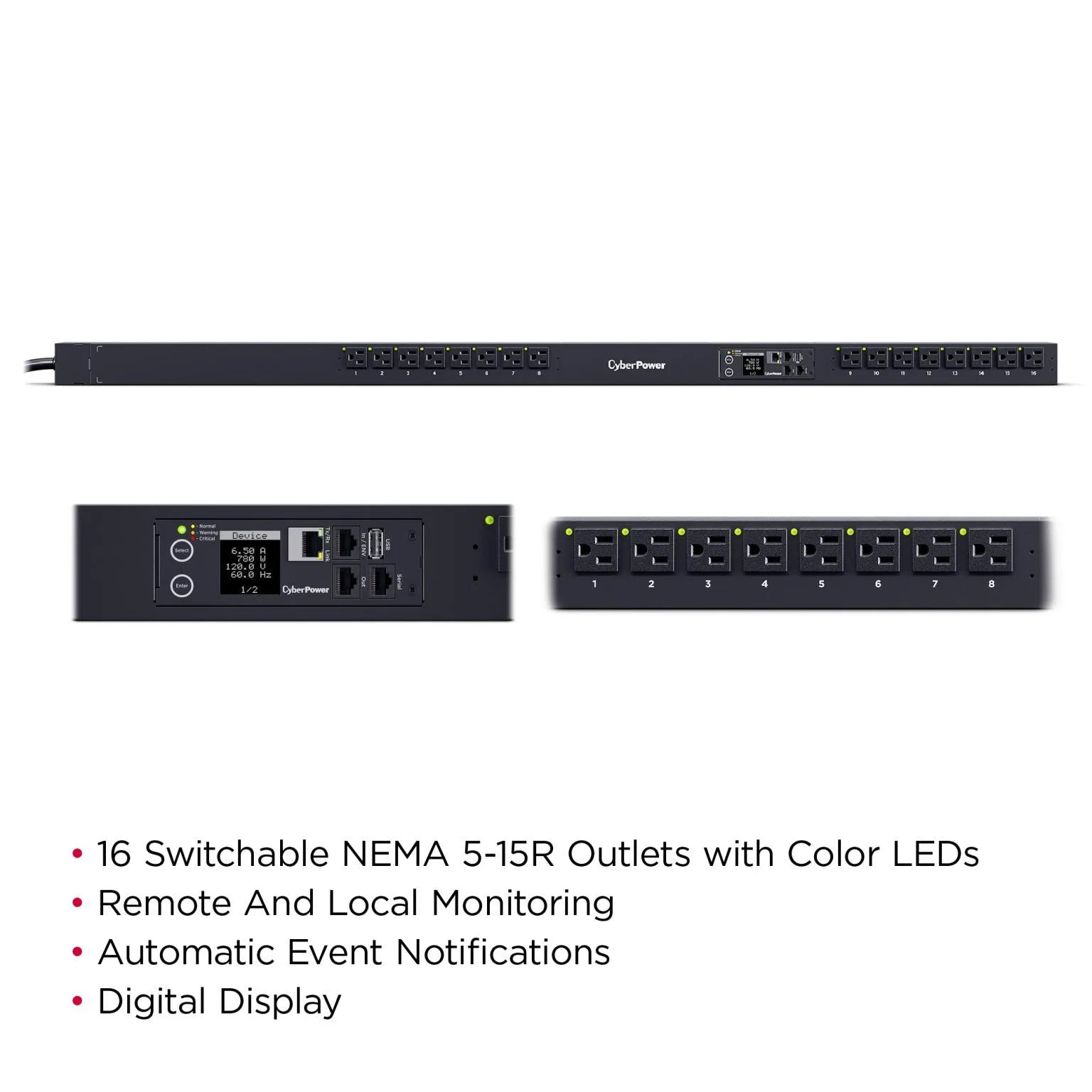 CYBERPOWER - PDU41116 - 15A (Derated to 12A), 120 V, 50Hz/60Hz, NEMA 5-15P plug, 16 NEMA 5-15R, 0U Rackmount, 10 ft cord, 3 year warranty