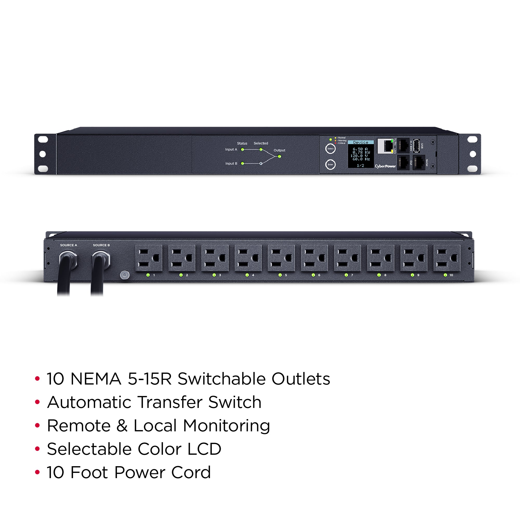 Cyber Power - PDU44001 - Single Phase 100 - 120 VAC 15A Switched ATS PDU