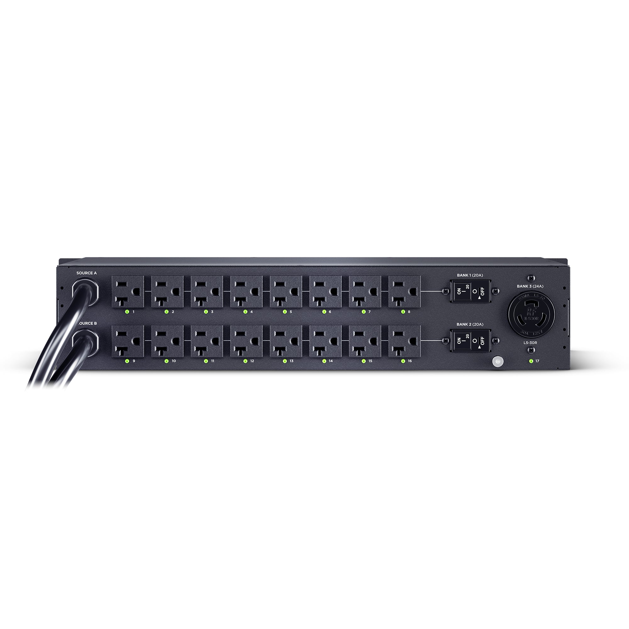 Cyber Power - PDU44003 - Switched ATS PDU, 30A (Derated to 24A), 100-120V, 2 x NEMA L5-30P Plug w/10 Ft Cord, 17 Outlets (16 x 5-20R + 1 x L5-30R), 2U Rackmount, 3 Year Warranty