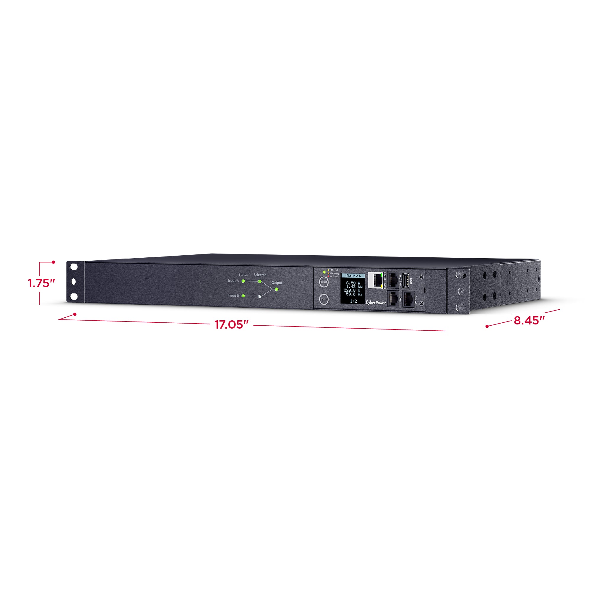 Cyber Power - PDU44006 - Switched ATS PDU, 20A (Derated to 16A), 200-240V, 2 x NEMA L6-20P Plug w/10 Ft Cords, 10 Outlets (8 x C13 + 2 x C19), 1U Rackmount, 3 Year Warranty