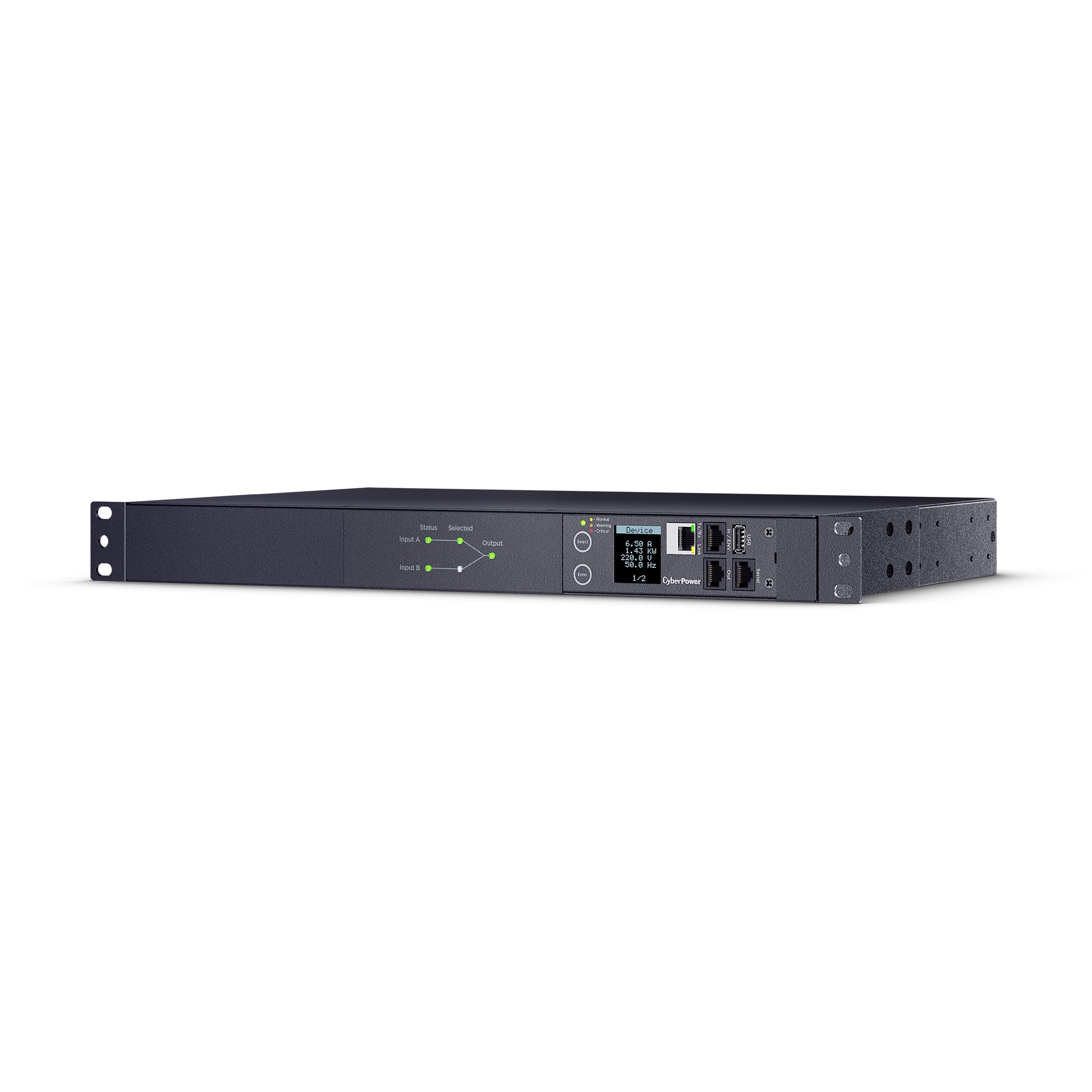 Cyber Power - PDU44006 - Switched ATS PDU, 20A (Derated to 16A), 200-240V, 2 x NEMA L6-20P Plug w/10 Ft Cords, 10 Outlets (8 x C13 + 2 x C19), 1U Rackmount, 3 Year Warranty