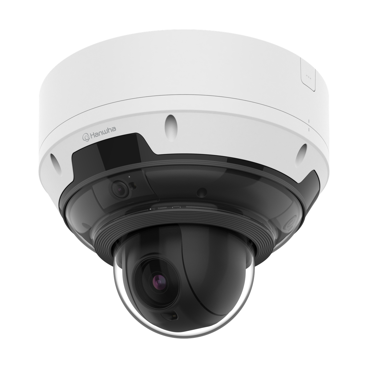 Hanwha - PNM-C19183RVTP - Wisenet P series network vandal outdoor Multi-Directional camera, 3CH x 5MP @ 30FPS and 4MP PTZ 18x Zoom, 3CH Fix Lens 2.4mm (FoV H: 123°, V: 91°), 120dB WDR; IR viewable length 15m(49ft), Analytics events based on AI engine