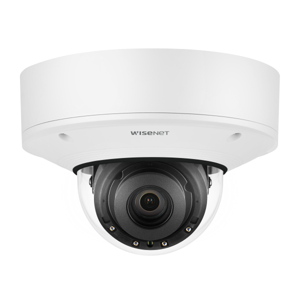 Hanwha - PNV-A9081R - 4K Network AI IR Vandal Dome Camera, Max. 4K resolution @ 30FPS, 0.05Lux@F1.6 (Color), 0Lux (B/W, IR LED on), Day & Night(ICR), 4.5~10mm(2.2x) motorized varifocal lens, WDR(120dB) H.265, H.264, MJPEG codec, WiseStreamⅡ, WiseStre