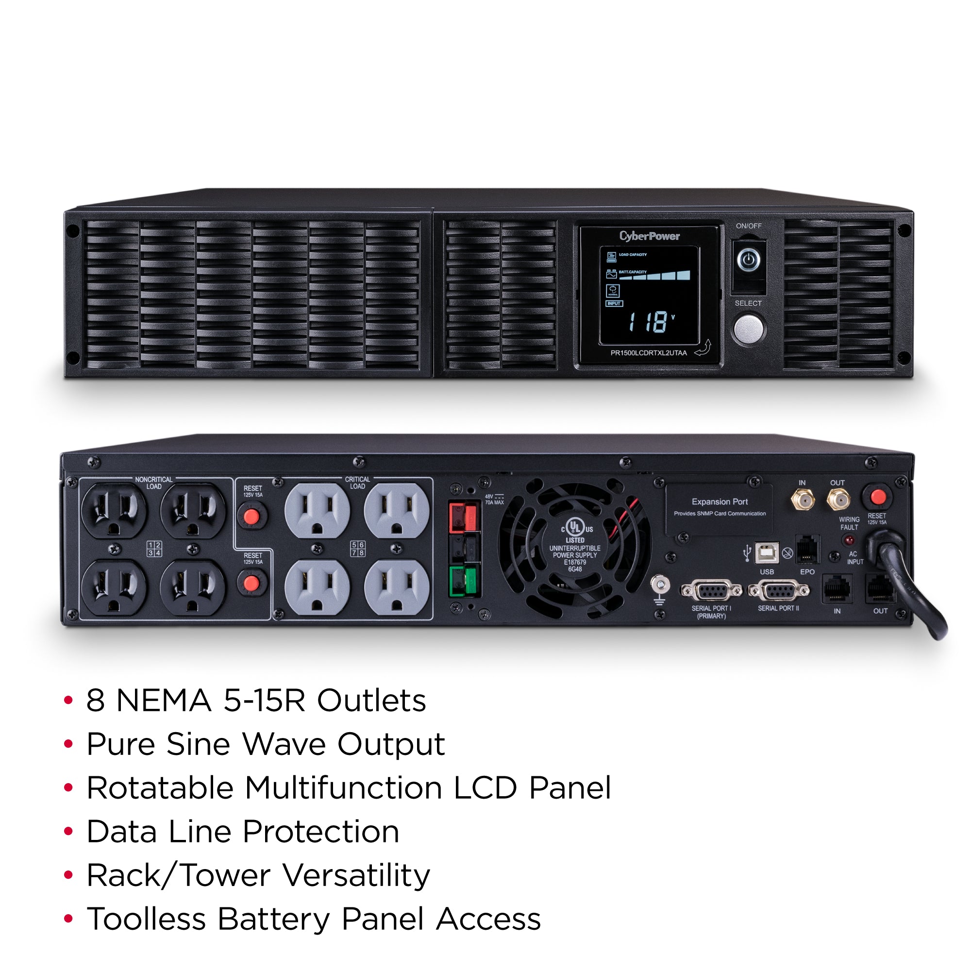 CYBERPOWER - PR1500RTXL2UTAA - 1500VA/1500W, Sine Wave, 2U, NEMA 5-15P, 10 Ft Cord, 8 NEMA 5-15R, USB, Serial, SNMP, Relay, EPO, PowerPanel Business software, Accepts EBM BP48VP2U02TAA, 3 Yr Warranty, TAA Compliant