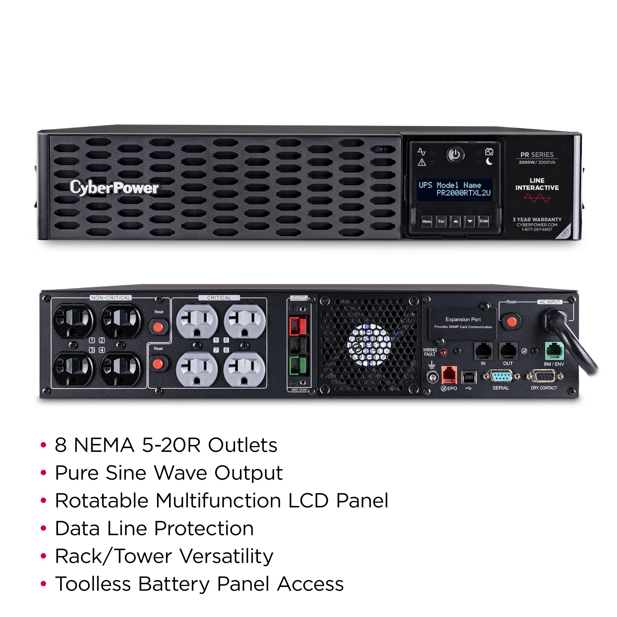 CYBERPOWER - PR2000RTXL2UTAA - 2000VA/2000W, Sine Wave, 2U, NEMA 5-20P, 10 Ft Cord, 8 NEMA 5-20R, USB, Serial, SNMP, Relay, EPO, PowerPanel Business software, Accepts EBM BP48VP2U02TAA, 3 Yr Warranty, TAA compliant