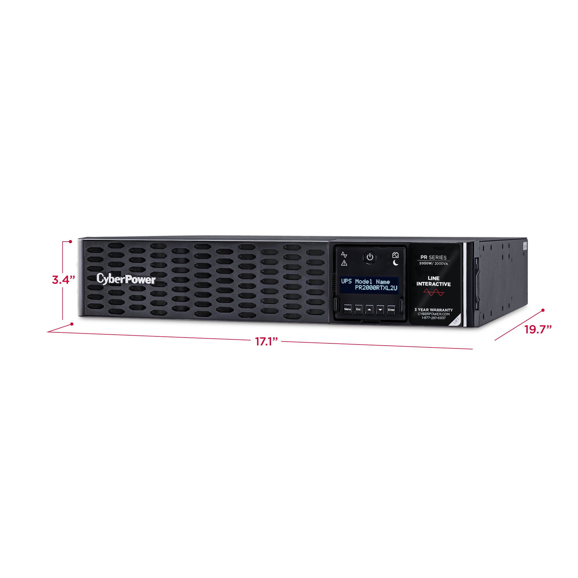 CYBERPOWER - PR2000RTXL2UTAA - 2000VA/2000W, Sine Wave, 2U, NEMA 5-20P, 10 Ft Cord, 8 NEMA 5-20R, USB, Serial, SNMP, Relay, EPO, PowerPanel Business software, Accepts EBM BP48VP2U02TAA, 3 Yr Warranty, TAA compliant