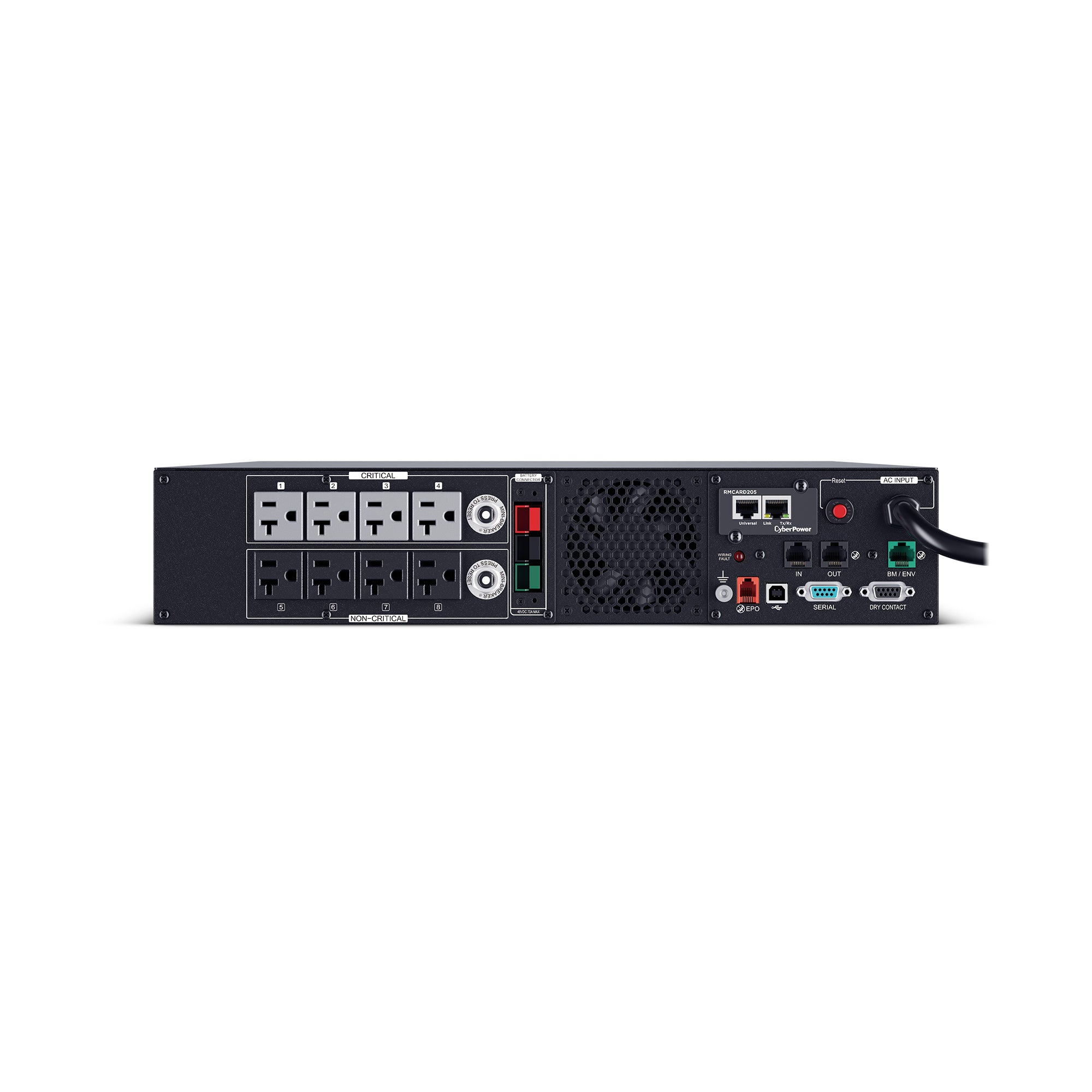 CYBERPOWER - PR2200RTXL2UAN - 2200VA/2200W, Sine Wave, 2U, NEMA L5-30P, 10 Ft Cord, 8 NEMA 5-20R, USB, Serial, SNMP, Relay, EPO, PowerPanel Business Edition software, Accepts EBM BP48VP2U03, Pre-installed RMCARD205, 3 Yr Warranty