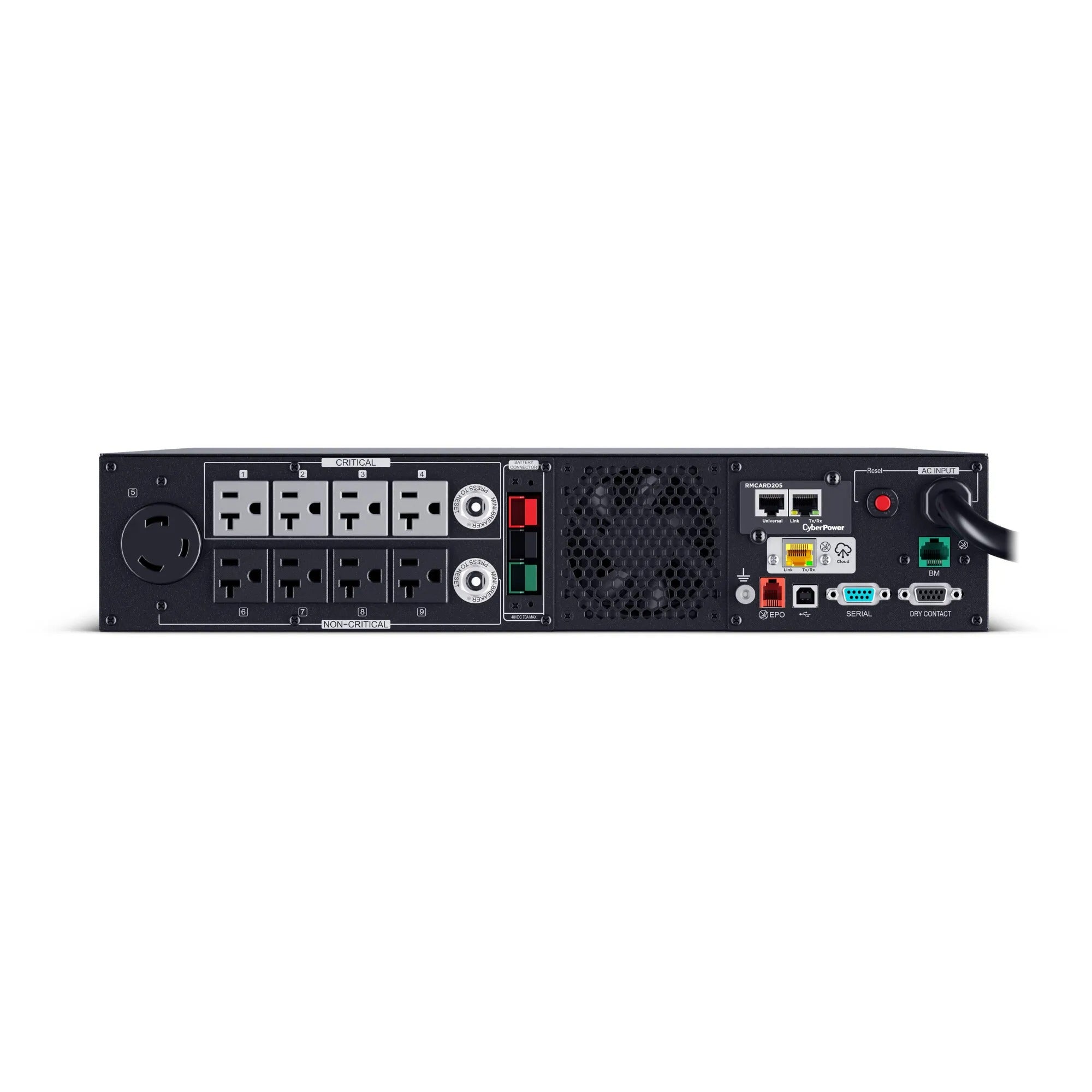 CYBERPOWER - PR3000RTXL2UCN - 3000VA/3000W, Sine Wave, 2U, NEMA L5-30P, 10 Ft Cord, 8 NEMA 5-20R +1 NEMA L5-30R, USB, Serial, SNMP, Cloud, Relay, EPO, PowerPanel Business Edition software, Accepts EBM BP48VP2U03, Pre-installed RMCARD205, 3 Yr Warrant