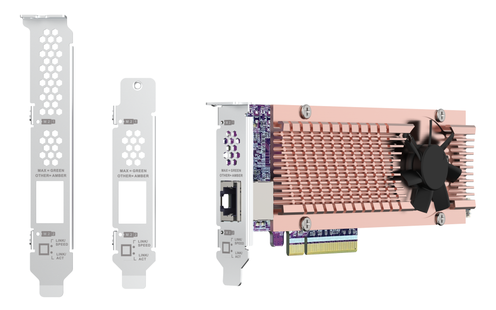 QNAP - QM2-2P410G1T - QM2 series, 2 x PCIe 2280 M.2 SSD slots, PCIe Gen4 x 8, 1 x AQC113C 10GbE NBASE-T port 