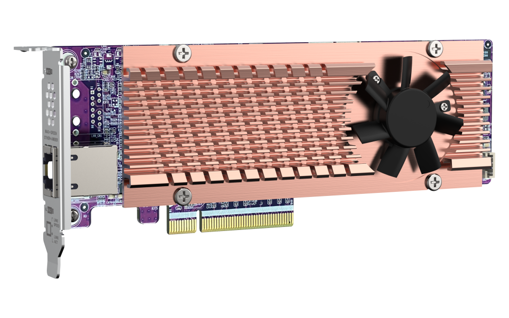 QNAP - QM2-2P410G1T - QM2 series, 2 x PCIe 2280 M.2 SSD slots, PCIe Gen4 x 8, 1 x AQC113C 10GbE NBASE-T port 