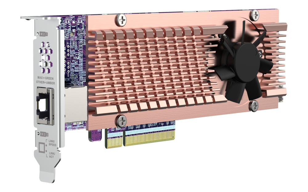 QNAP - QM2-2P410G1T - QM2 series, 2 x PCIe 2280 M.2 SSD slots, PCIe Gen4 x 8, 1 x AQC113C 10GbE NBASE-T port 