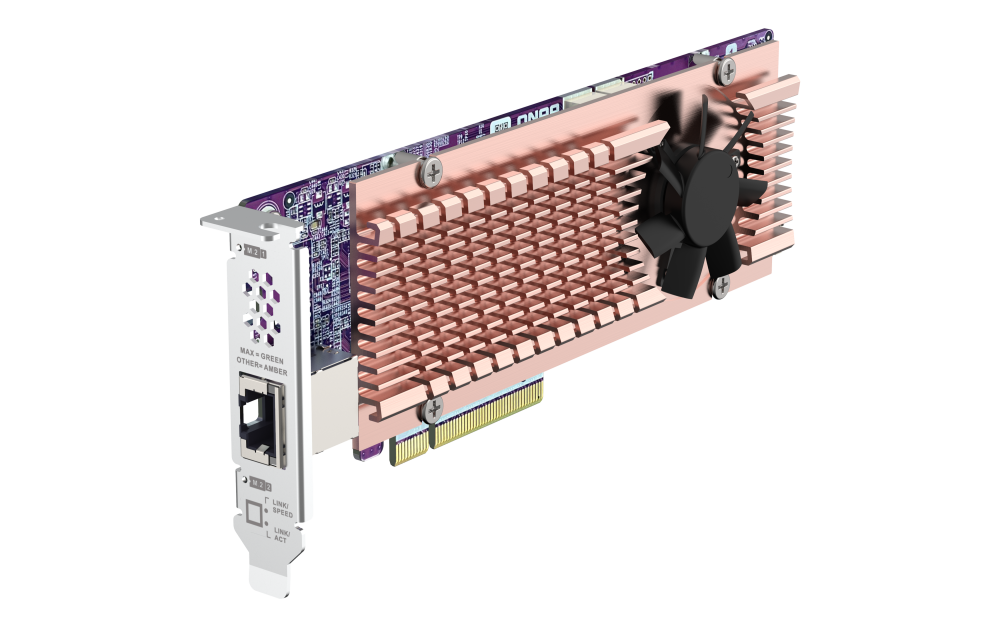 QNAP - QM2-2P410G1T - QM2 series, 2 x PCIe 2280 M.2 SSD slots, PCIe Gen4 x 8, 1 x AQC113C 10GbE NBASE-T port 