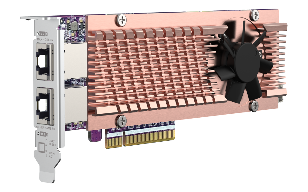 QNAP - QM2-2P410G2T - QM2 Series, 2 x PCIe 2280 M.2 SSD Slots, PCIe Gen4 x 8, 2 x AQC113C 10GbE NBASE-T port 
