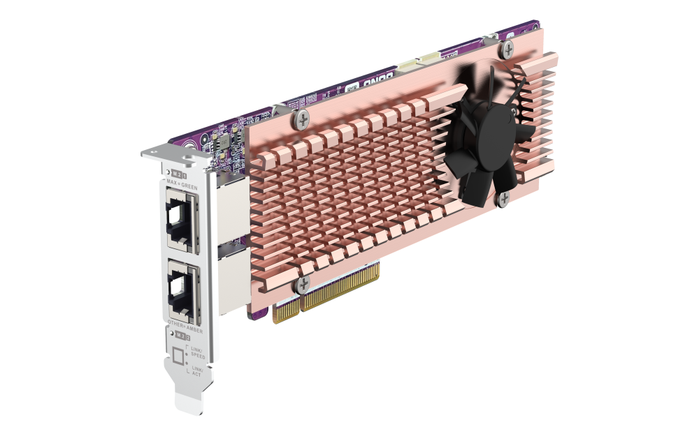 QNAP - QM2-2P410G2T - QM2 Series, 2 x PCIe 2280 M.2 SSD Slots, PCIe Gen4 x 8, 2 x AQC113C 10GbE NBASE-T port 