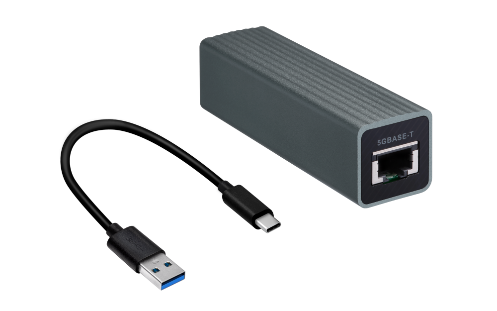 QNAP - QNA-UC5G1T - USB 3.0 to single port RJ45 5GbE/2.5GbE/1GbE/100MbE adapter, bus powered, USB type-c, 20cm USB-C to USB-A cable