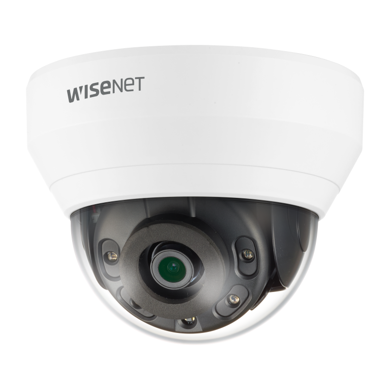 Hanwha - QND-6012R - Wisenet Q network indoor dome camera, 2MP @ 30fps, 2.8mm fixed focal lens (113°), triple codec H.265/H.264/MJPEG with Wisestream II, 120dB WDR, IR LEDs range 65', defocus detection, hallway View, one way audio, built-in SD card s