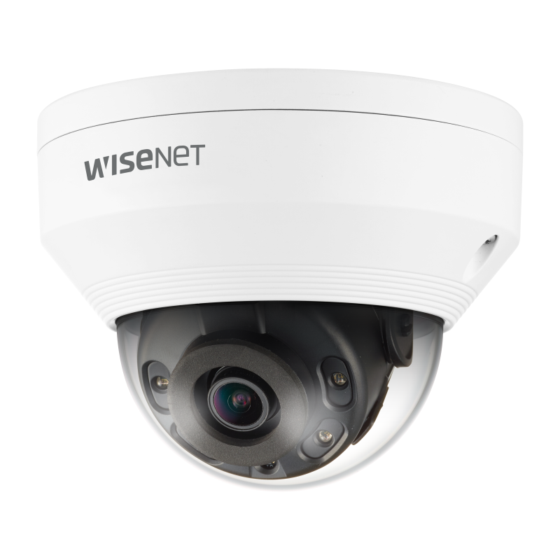Hanwha - QNV-8010R - Wisenet Q network outdoor vandal dome camera, 5MP @ 30fps, 2.8mm fixed focal lens (104°), triple codec H.265/H.264/MJPEG with Wisestream II, 120dB WDR, IR LEDs range 65', defocus detection, hallway View, built-in SD card slot (1x