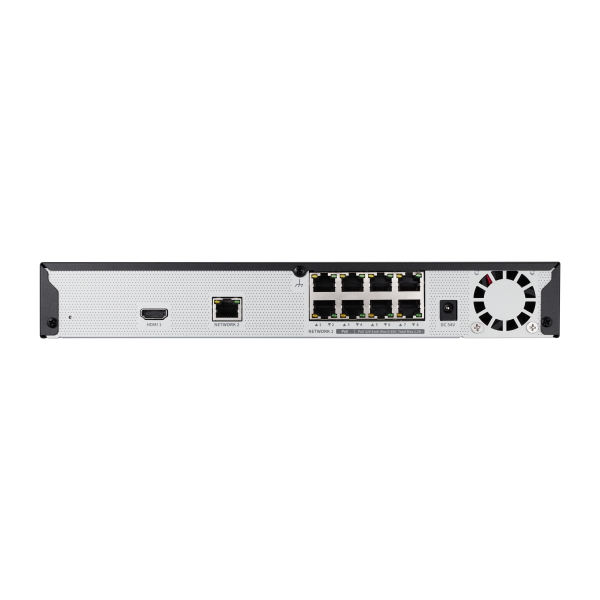 Hanwha - QRN-830S-4TB - 8CH NVR 4TB with 8 PoE Ports (PoE Budget 65W) with 8MP Camera Support. H.265, H.264, MJPEG, 1 fixed internal SATA HDDs (up to 6TB). 80Mbps Network camera recording, Dual Stream recording option, HDMI Outputs with local 4K disp