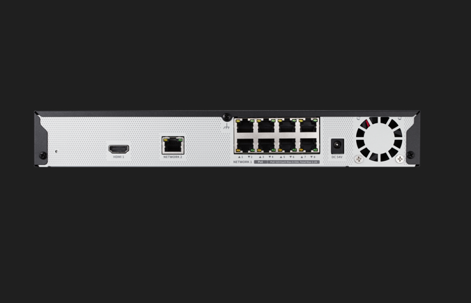 Hanwha - QRN-830S-6TB - 8CH NVR 6TB with 8 PoE Ports (PoE Budget 65W) with 8MP Camera Support. H.265, H.264, MJPEG, 1 fixed internal SATA HDDs (up to 6TB). 80Mbps Network camera recording, Dual Stream recording option, HDMI Outputs with local 4K disp