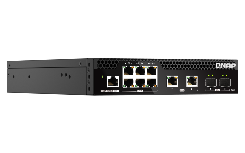 QNAP - QSW-M2106R-2S2T-US - QNAP Rackmount Switch QSW-M2106R-2S2T-US, Management Switch, 6 Port 2.5Gbps, 2 port 10Gbps SFP+, 2 port 10GbE NBASE-T (10G/5G/2.5G/1G/100M) . Easy Management with Web Browser