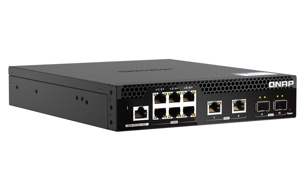 QNAP - QSW-M2106R-2S2T-US - QNAP Rackmount Switch QSW-M2106R-2S2T-US, Management Switch, 6 Port 2.5Gbps, 2 port 10Gbps SFP+, 2 port 10GbE NBASE-T (10G/5G/2.5G/1G/100M) . Easy Management with Web Browser