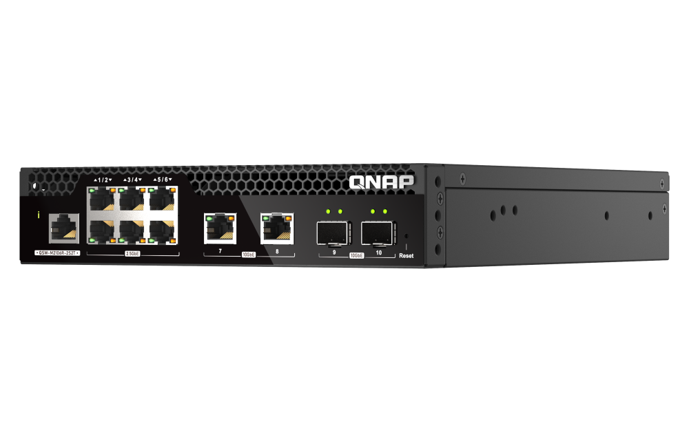 QNAP - QSW-M2106R-2S2T-US - QNAP Rackmount Switch QSW-M2106R-2S2T-US, Management Switch, 6 Port 2.5Gbps, 2 port 10Gbps SFP+, 2 port 10GbE NBASE-T (10G/5G/2.5G/1G/100M) . Easy Management with Web Browser