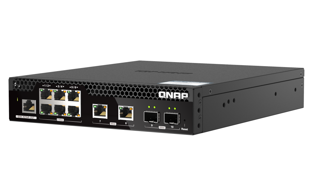 QNAP - QSW-M2106R-2S2T-US - QNAP Rackmount Switch QSW-M2106R-2S2T-US, Management Switch, 6 Port 2.5Gbps, 2 port 10Gbps SFP+, 2 port 10GbE NBASE-T (10G/5G/2.5G/1G/100M) . Easy Management with Web Browser
