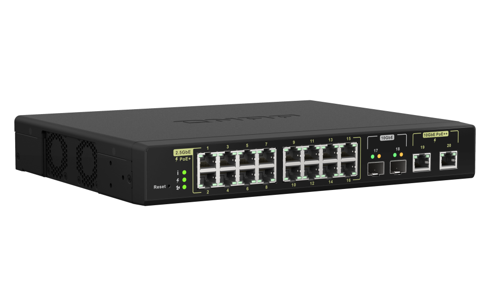 QNAP - QSW-M2116P-2T2S-US - QNAP Racmount Switch QSW-M2116P-2T2S-US, Management PoE Switch, 16 Port of 2.5Gbps Auto Negotiation (2.5G/1G/100M) with 802.3at(30W)